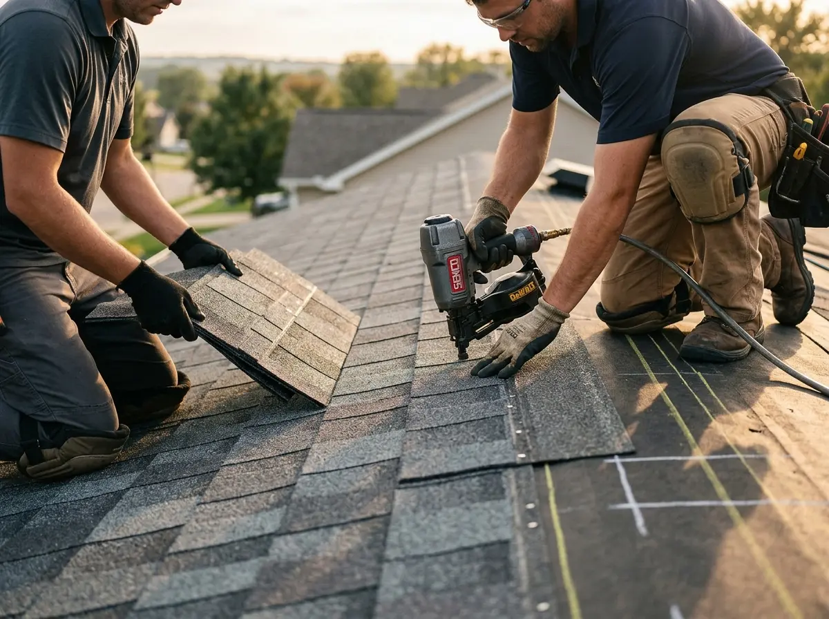 Professional roofer working on a residential roof in Glenmont